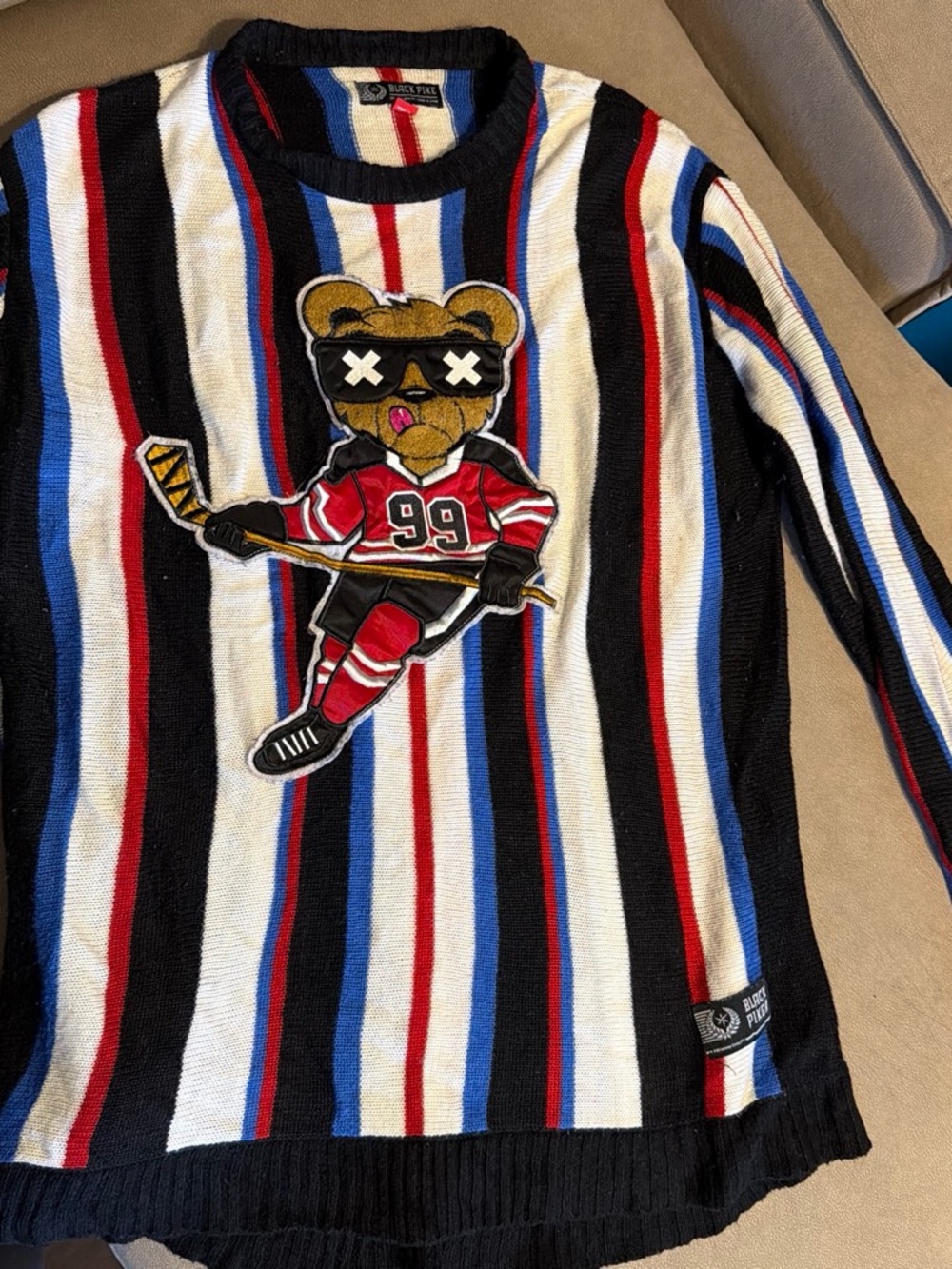 Kids Striped Hockey Bear Pajama Top - Black/White/Red/Blue